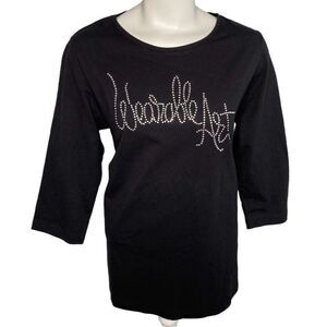 Bob Mackie Black 3/4 Sleeve Wearable‎ Art Rhinestone Cotton Top Sz Medium New